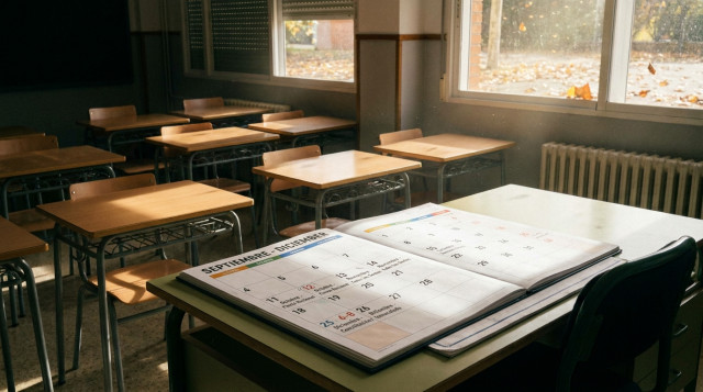 Aula escolar vacía con un calendario escolar de otoño abierto sobre la mesa del profesor