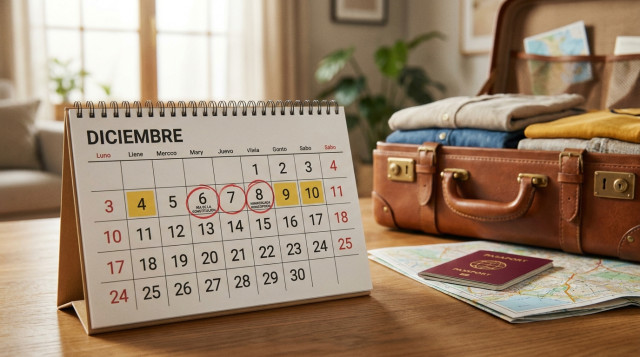 calendario de mesa abierto en el mes de diciembre con los días festivos destacados y una maleta de viaje de fondo para el puente de diciembre