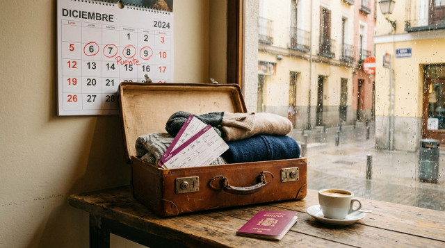 maleta y billetes de tren junto a un calendario de pared señalando el puente de diciembre
