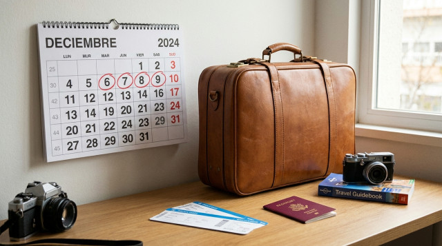 Maleta de viaje y billetes sobre un escritorio junto a un calendario marcado en el puente de diciembre