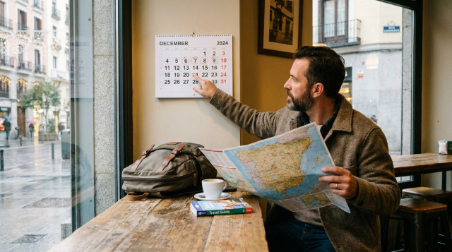 viajero revisando el mapa y el calendario laboral para planificar una escapada durante el puente de diciembre