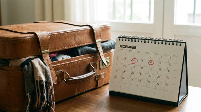calendario de mesa abierto en el mes de diciembre con los días festivos de la Constitución y la Inmaculada señalizados junto a una maleta de viaje