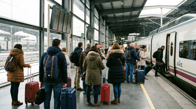 Viajeros en una estación de tren con maletas preparando el puente de diciembre