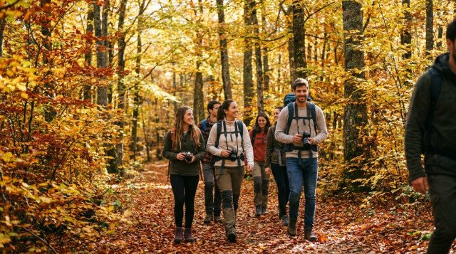 Viajeros caminando por un bosque otoñal de hayas con hojas doradas durante el puente de la Almudena