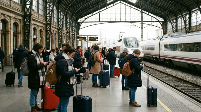viajeros esperando en el andén de una estación de tren con maletas durante el puente de la Constitución