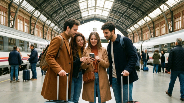 viajeros consultando el calendario en un teléfono móvil en una estación de tren con motivo del puente de octubre