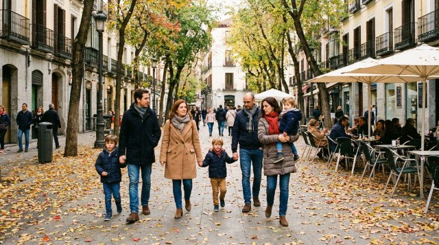 Vista otoñal de una calle céntrica con familias paseando durante el puente de Todos los Santos