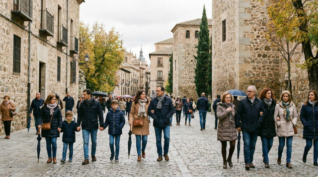 Personas paseando durante el puente de Todos los Santos en un entorno histórico de España