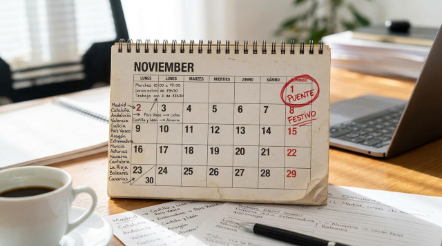 calendario de mesa abierto en el mes de noviembre con el día 1 destacado en domingo y notas de planificación laboral
