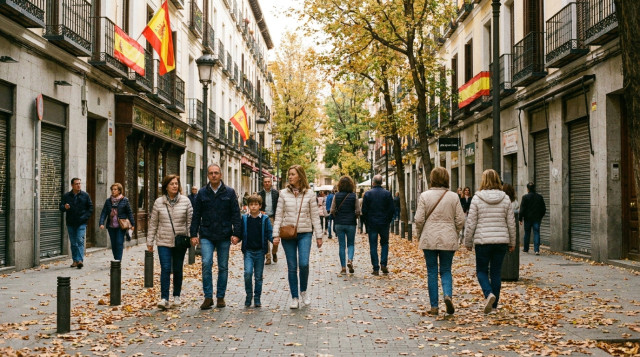personas paseando durante el puente del 12 de octubre en un entorno urbano otoñal con banderas y comercios cerrados