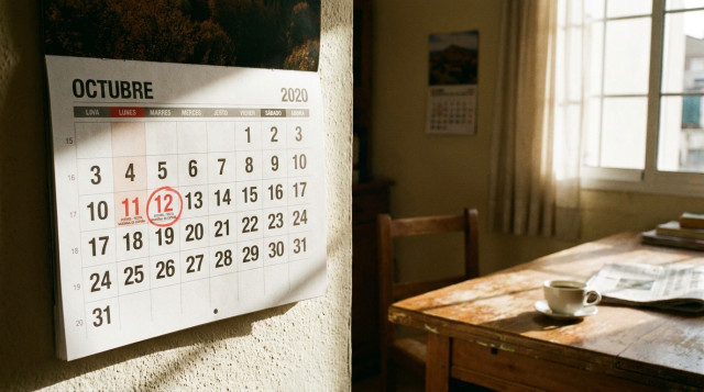 Calendario de pared señalando el 12 de octubre en lunes como festivo nacional de la Fiesta Nacional de España