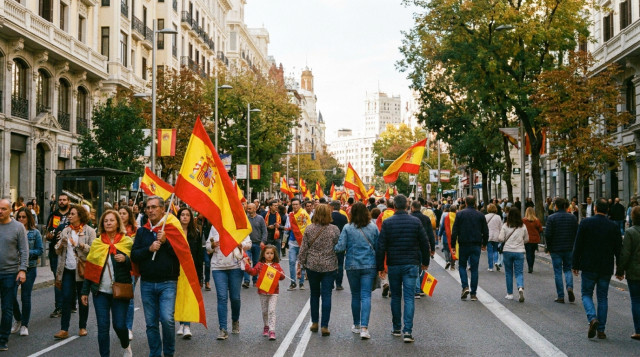 Personas paseando por una avenida céntrica de Madrid con banderas durante el puente del 12 de octubre