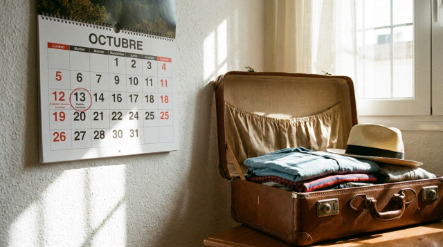 calendario de pared señalando el lunes 12 de octubre festivo con maleta de viaje lista para el puente