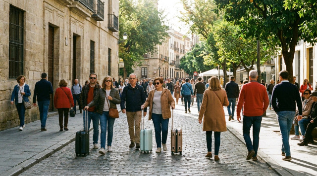 Turistas paseando por el centro histórico de una ciudad española durante el puente del 12 de octubre con equipaje ligero