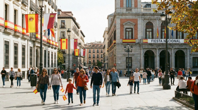 plaza urbana en España con banderas oficiales y ciudadanos paseando durante el puente del 12 de octubre
