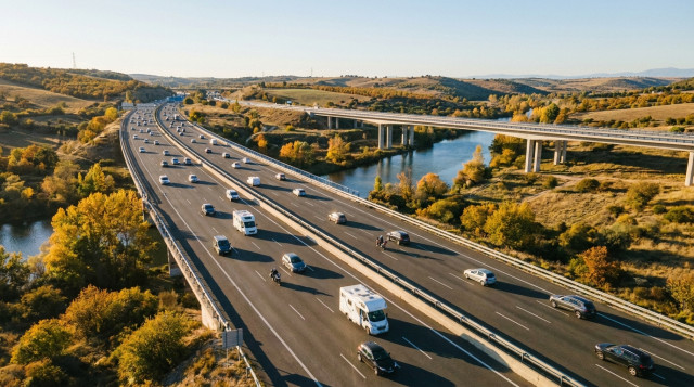 Vista aérea de una carretera española con tráfico fluido de salida durante el puente del 12 de octubre