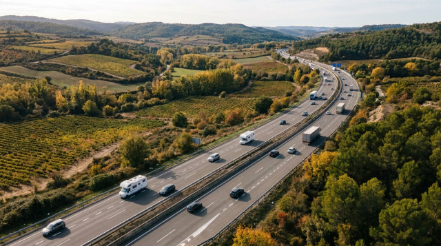 vista aérea de una carretera despejada con tráfico otoñal durante el puente del 12 de octubre en España