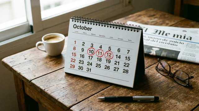 calendario de mesa abierto en el mes de octubre destacando en rojo el lunes festivo junto al fin de semana