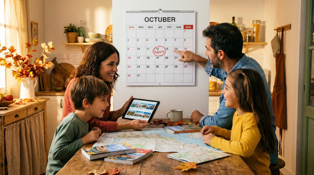 Familia planificando una escapada de viaje otoñal frente a un calendario con el puente del Pilar marcado en octubre