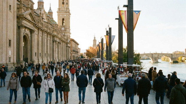 Turistas paseando frente a la Basílica del Pilar en Zaragoza durante el fin de semana del puente del Pilar