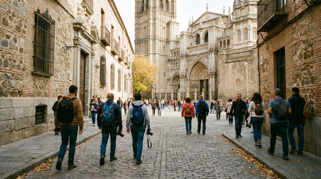 viajeros recorriendo el centro histórico de una ciudad monumental durante el puente del Pilar