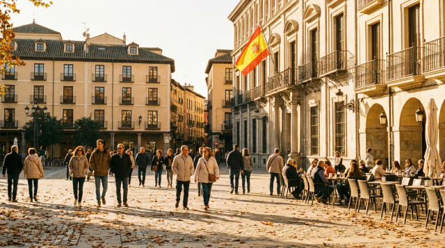 turistas paseando por una plaza histórica durante el soleado puente del Pilar en otoño