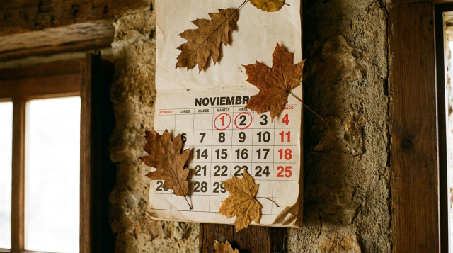 calendario de pared señalando en rojo el domingo 1 de noviembre y el lunes 2 de noviembre con hojas de otoño