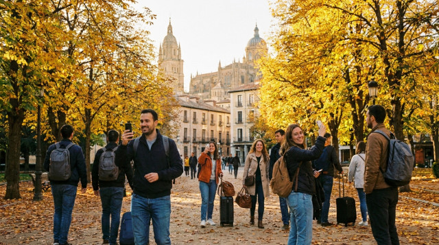 Viajeros con equipaje ligero disfrutando de un paseo por un parque otoñal con árboles dorados en una ciudad de España durante un festivo del calendario laboral