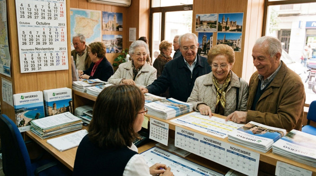 Mostrador de agencia de viajes con folletos y calendarios de reservas turísticas para personas mayores en España