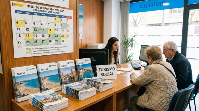 Mostrador de agencia de viajes con folletos y fechas del calendario de reservas de los viajes del Imserso