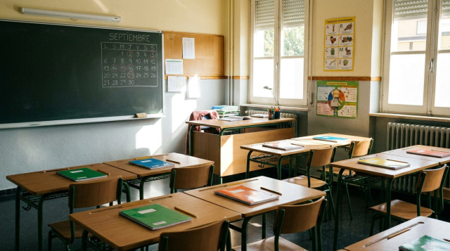 Aulas escolares con pupitres y material didáctico preparados para la vuelta al cole en septiembre en un colegio español