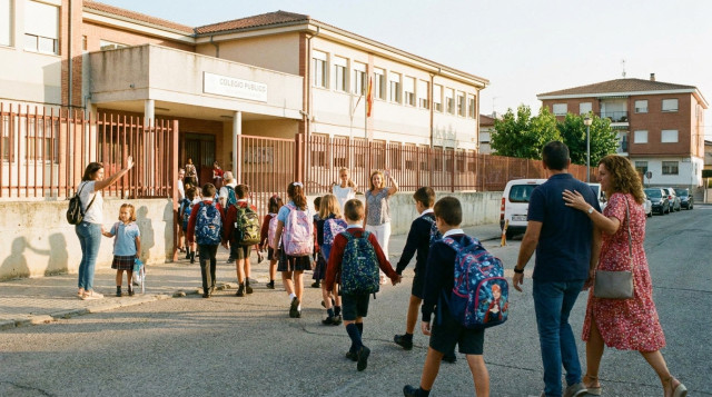 Alumnos entrando con mochilas a un colegio al inicio de la vuelta al cole en España